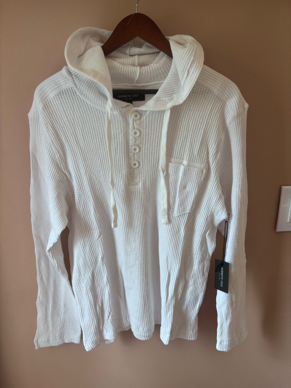Kenneth Cole White Waffle Knit Hooded Henley Top M